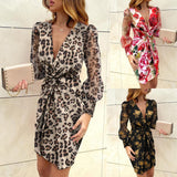 Collage of three dresses: leopard print, red floral print, and black gold floral print.