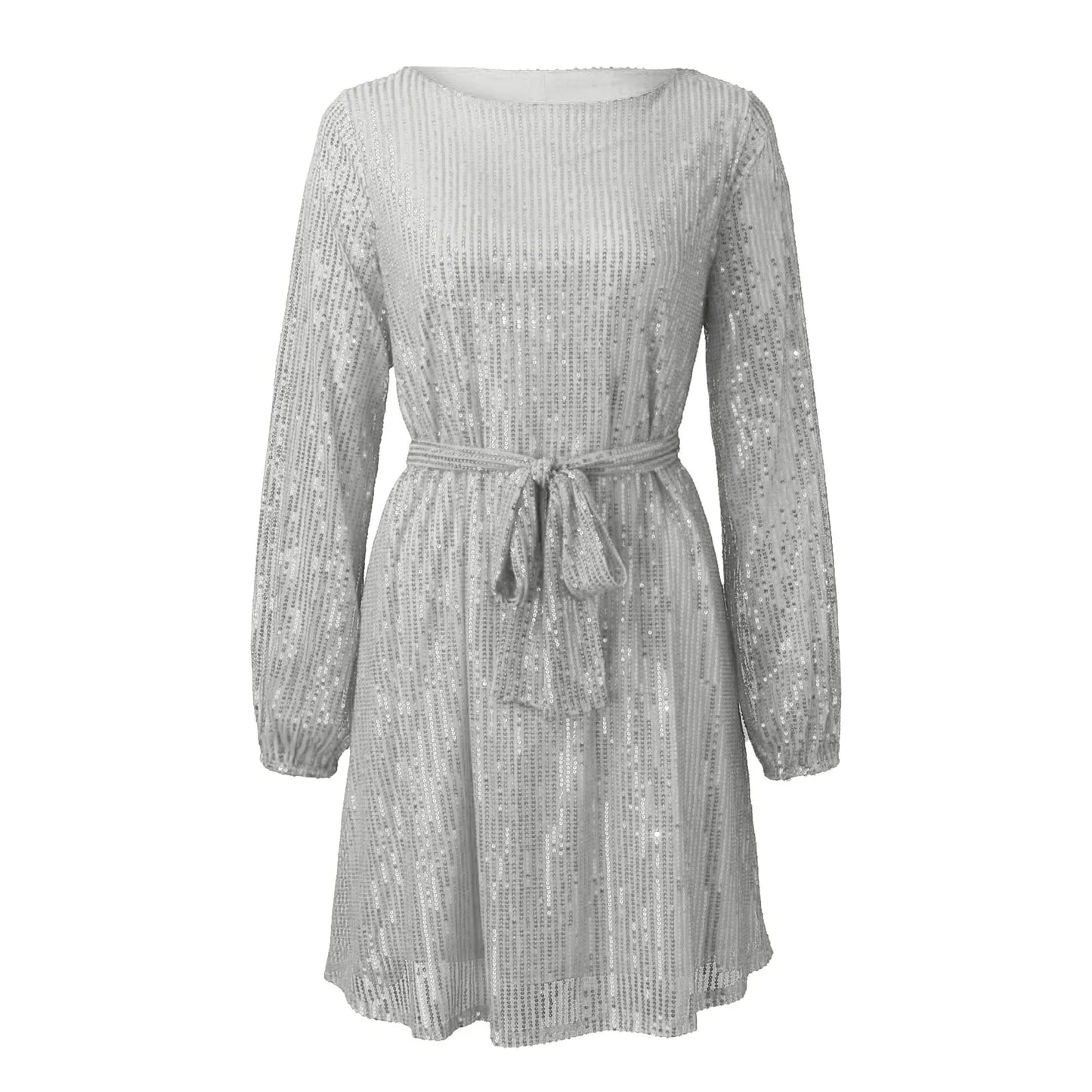 A silver sequined dress with long sleeves and a belted waist, shown flat.