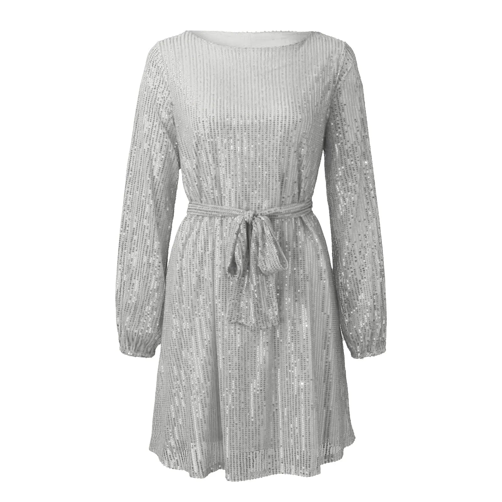 A silver sequined dress with long sleeves and a belted waist, shown flat.