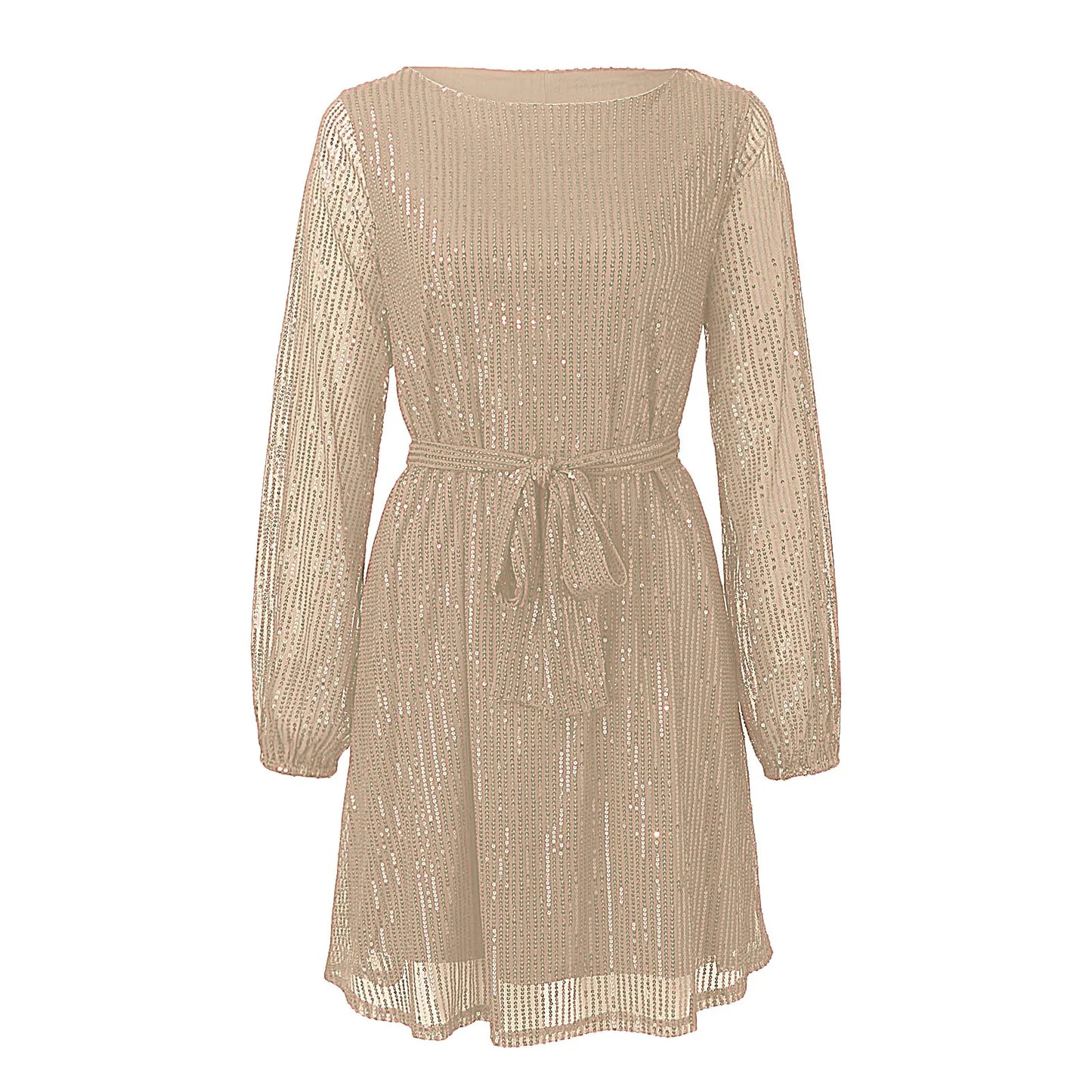 A beige sequined dress with long sleeves and a belted waist, shown flat.