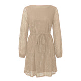 A beige sequined dress with long sleeves and a belted waist, shown flat.