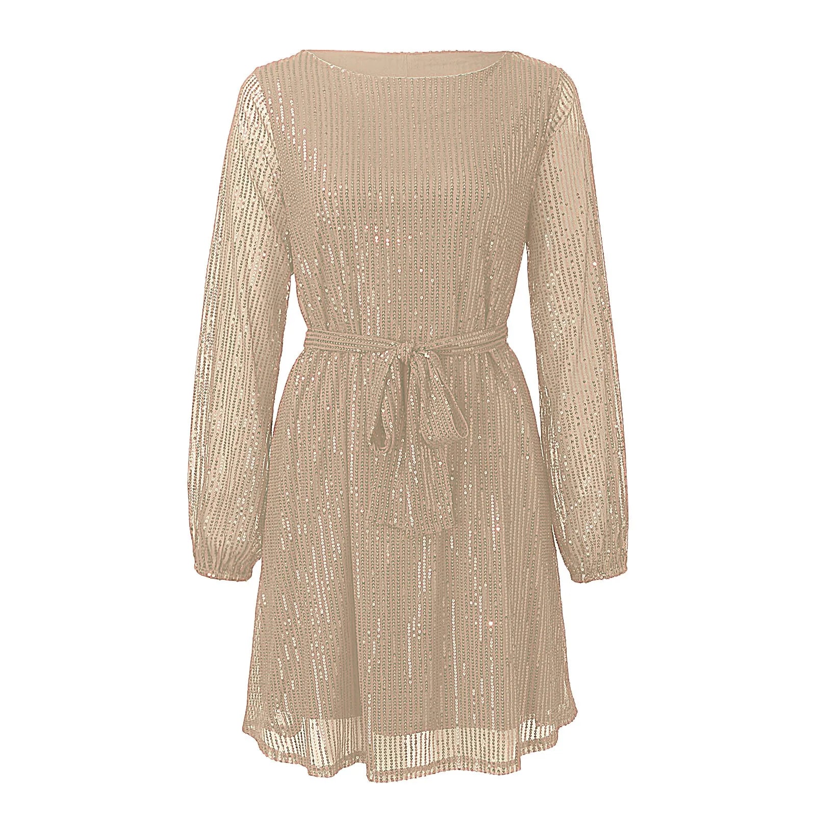 A beige sequined dress with long sleeves and a belted waist, shown flat.