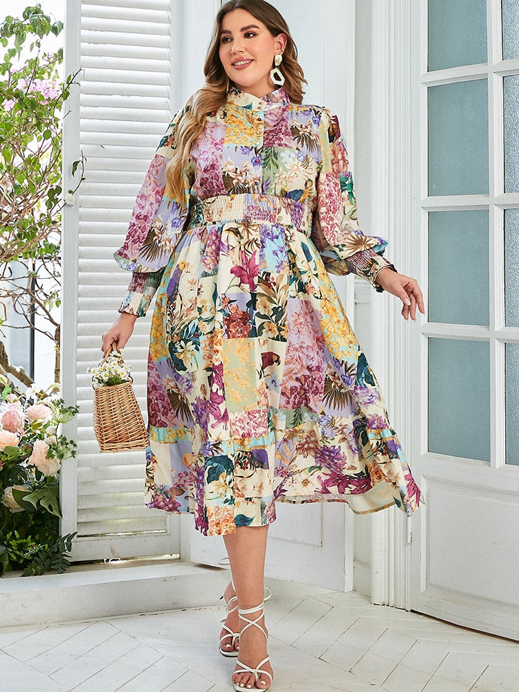 Floral print midi dress with smocked waist and bishop sleeves - View 7 | Clistos
