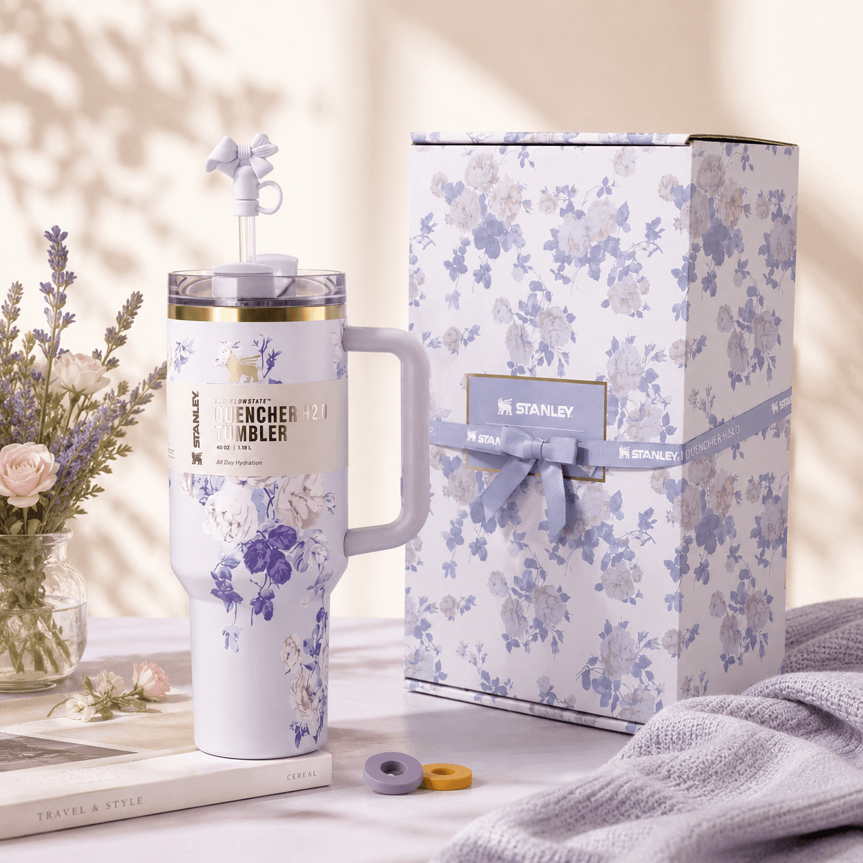 Stanley Blue Violet Blossom 40oz Insulated Tumbler with floral design and matching ribbon gift box - View 2 | Clistos
