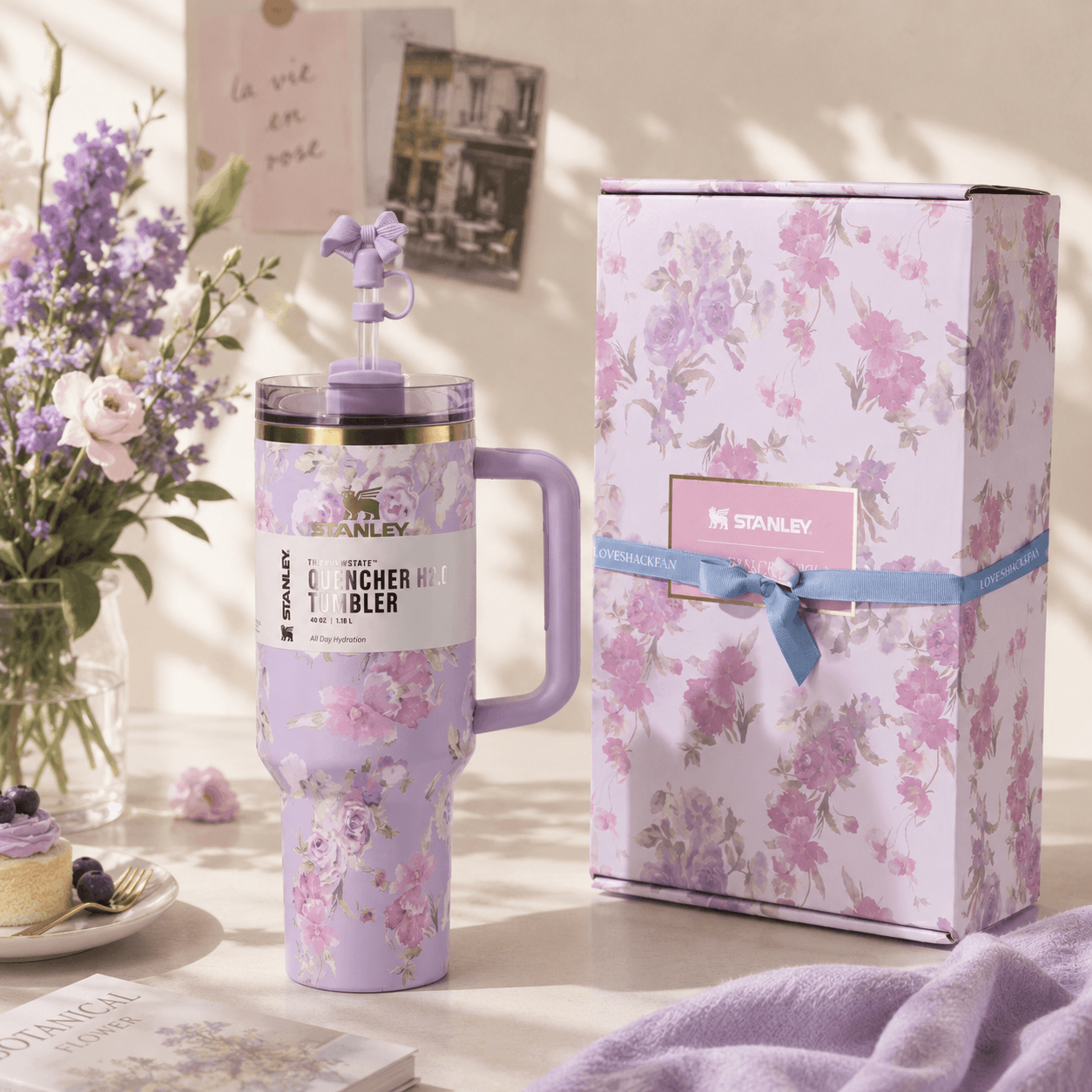 Stanley Lavender Bloom 40oz insulated tumbler with floral pattern and matching gift box - View 1 | Clistos