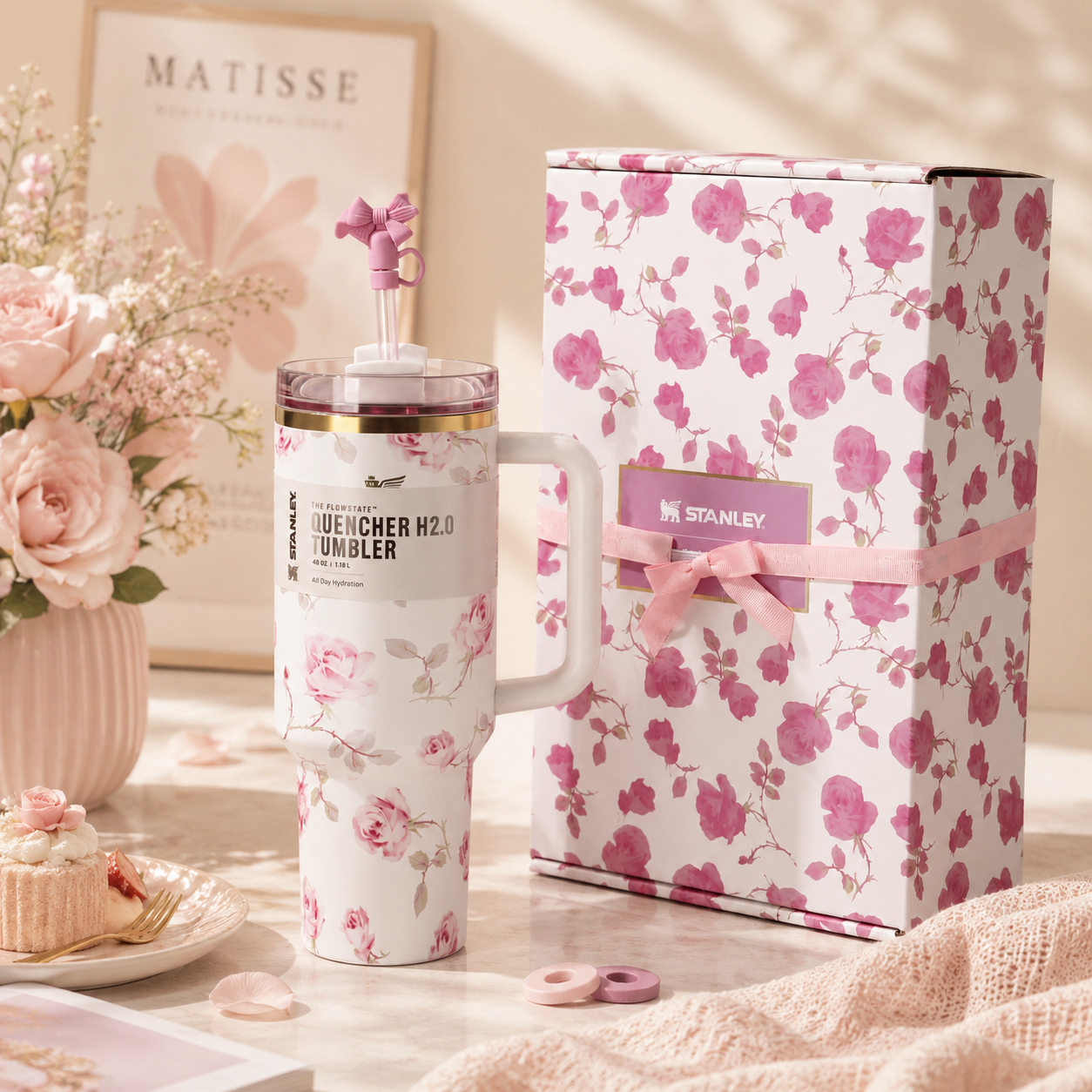 Stanley 40oz Pink Rose Garden Tumbler with bow straw topper and matching floral gift box - View 1 | Clistos