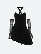 Black sequined halter dress with sheer opera gloves shown flat.