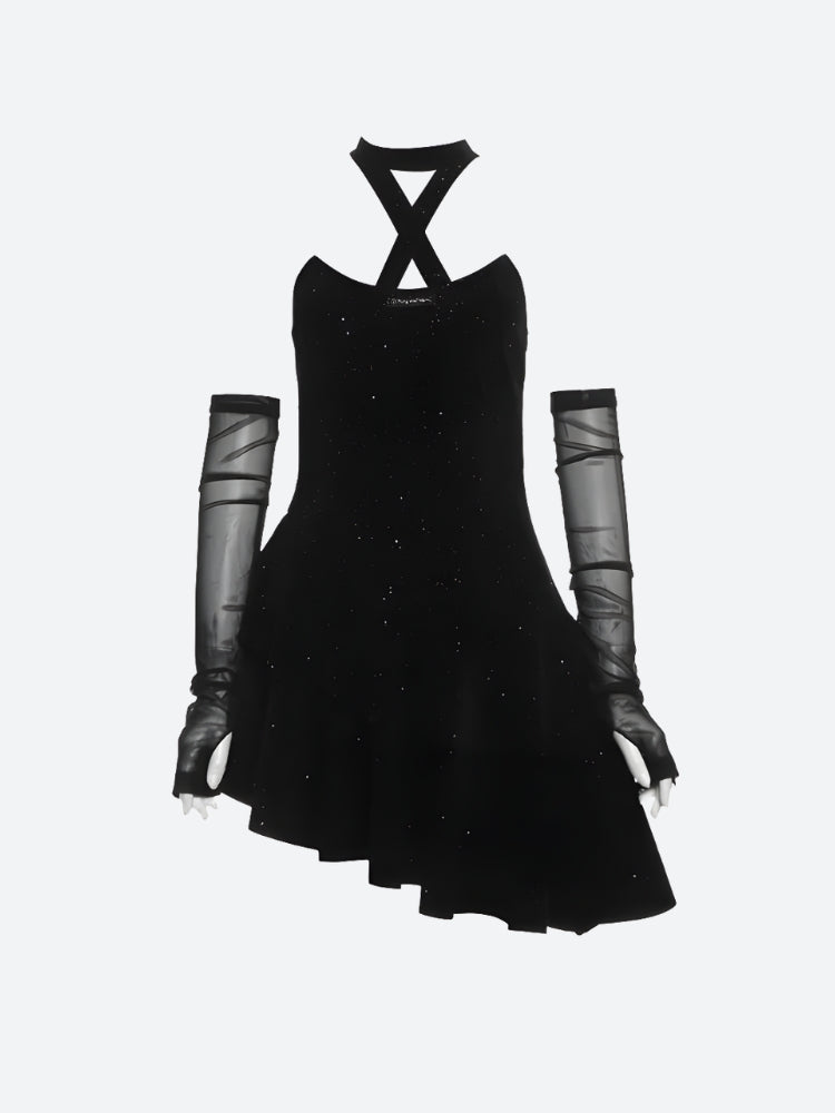Black sequined halter dress with sheer opera gloves shown flat.