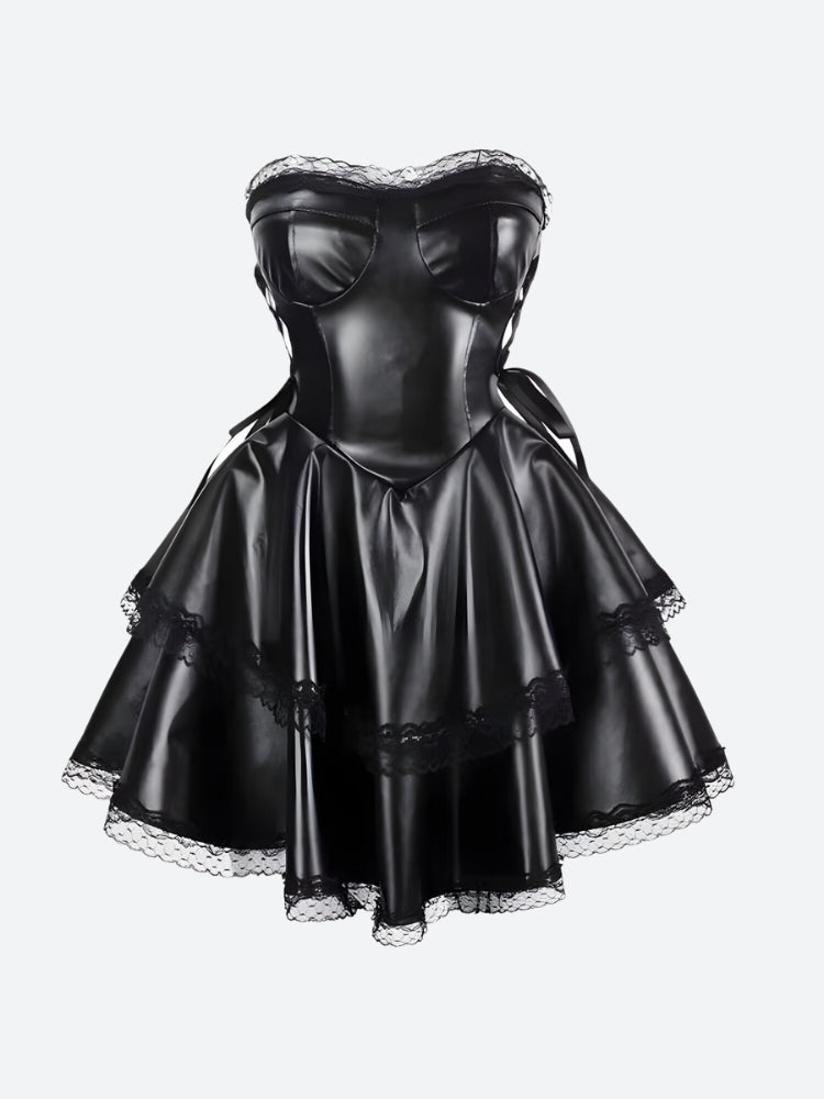 A black strapless leather-like dress with lace trim and a layered skirt, displayed against a white background.