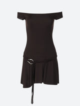 A brown off-the-shoulder mini dress with a belted waist