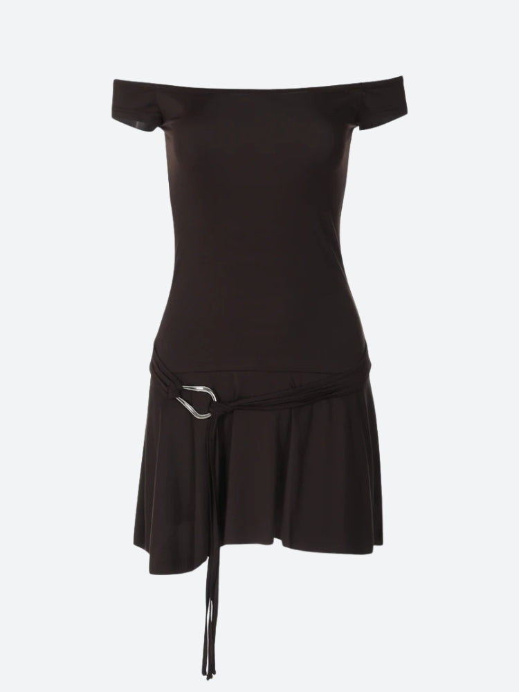 A brown off-the-shoulder mini dress with a belted waist