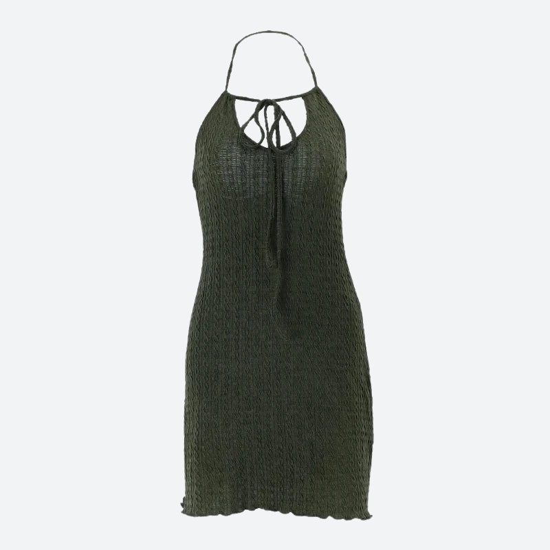 Olive green halter neck dress with a keyhole cutout on a white background