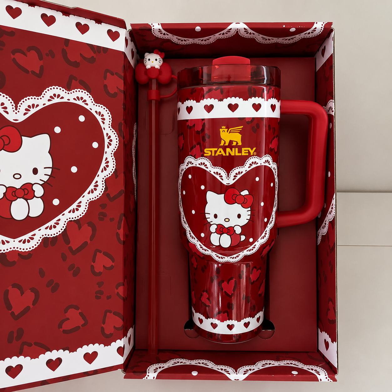 Stanley Sweetheart Tumbler 40oz Hello Kitty inspired pink leopard print with matching gift box - View 4 | Clistos