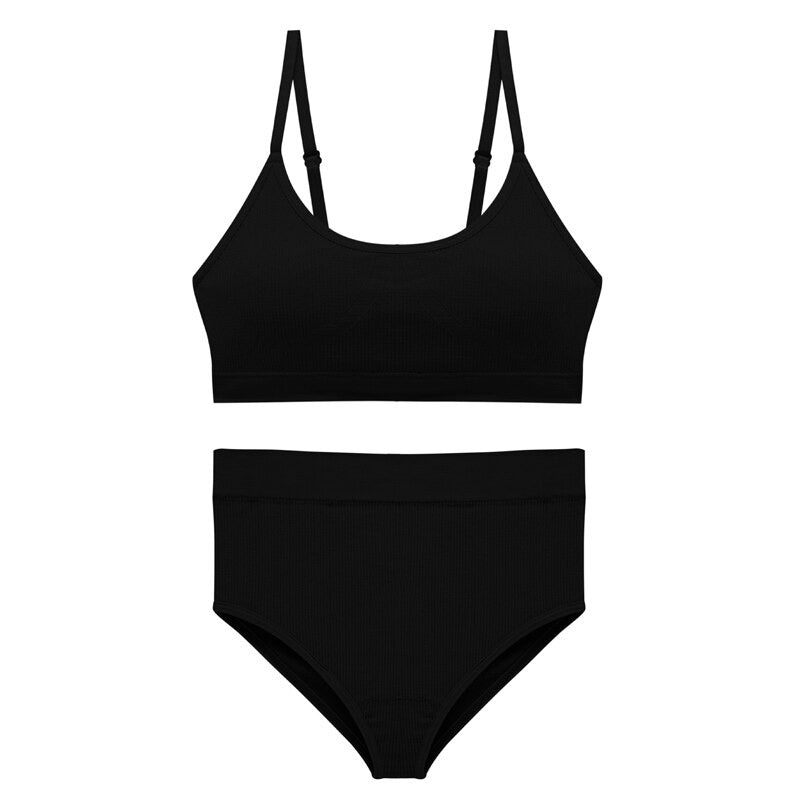black ribbed bra and high-waisted underwear set