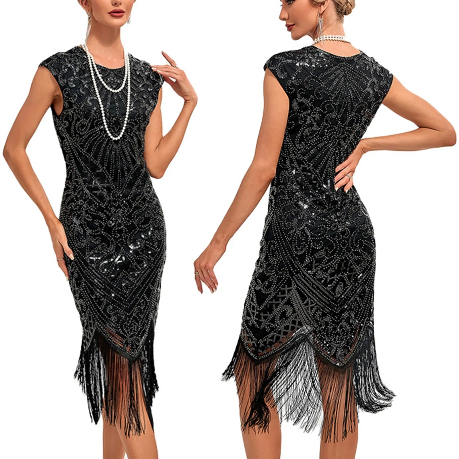 Sequined Flapper Midi Dress with Tassel Hem - View 10 | Clistos