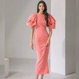 Clistos Vintage Puff Sleeve Midi Dress in Pink - View 8 | Clistos