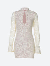 white lace dress with a keyhole neckline and bell sleeves, front view