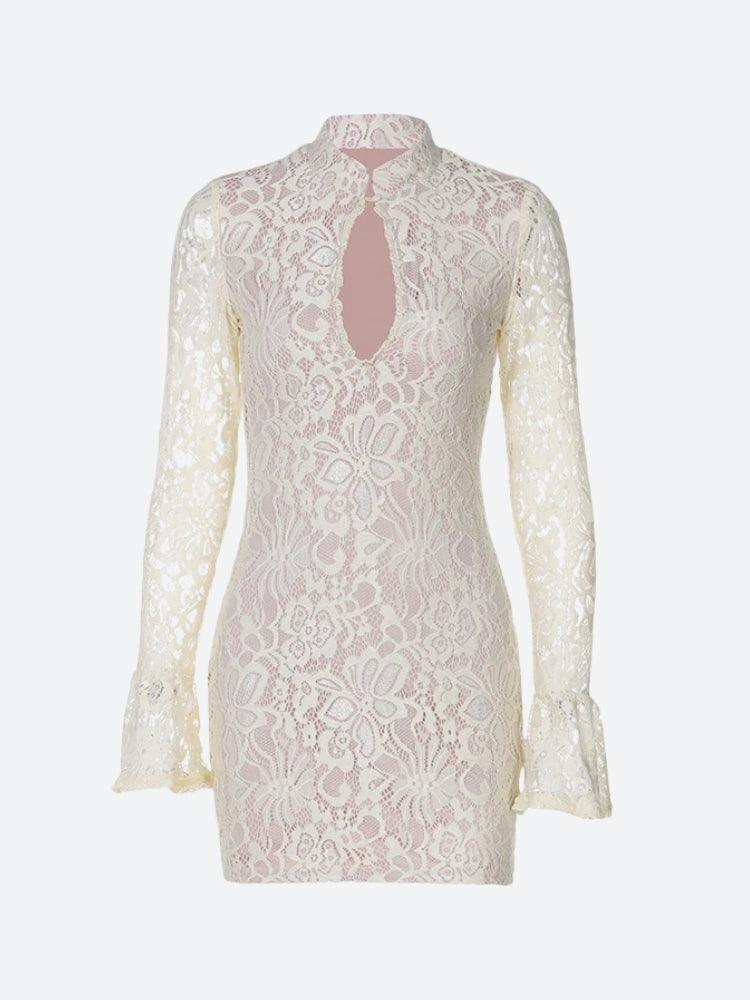 white lace dress with a keyhole neckline and bell sleeves, front view