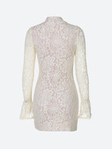 white lace dress with a keyhole neckline and bell sleeves, back view