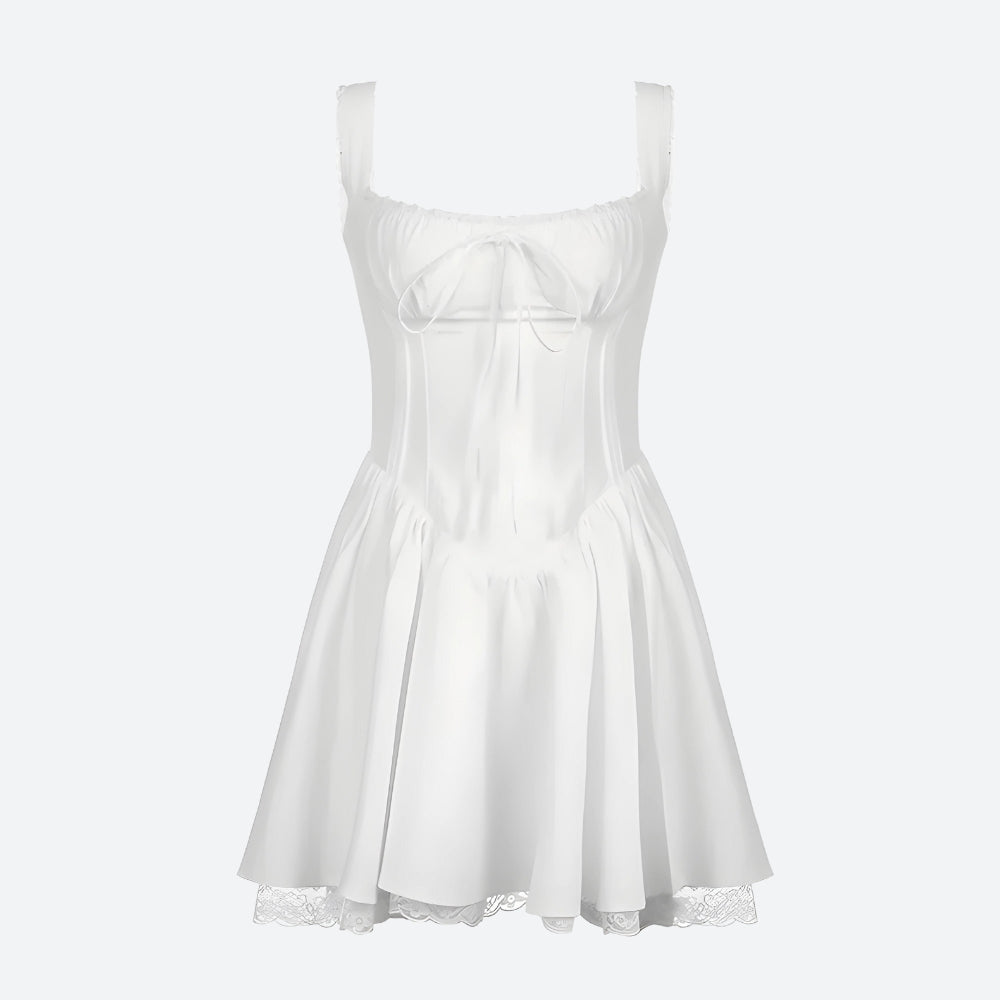 A white mini dress with spaghetti straps, a sweetheart neckline, a corset bodice, a pleated skirt, and lace trim.