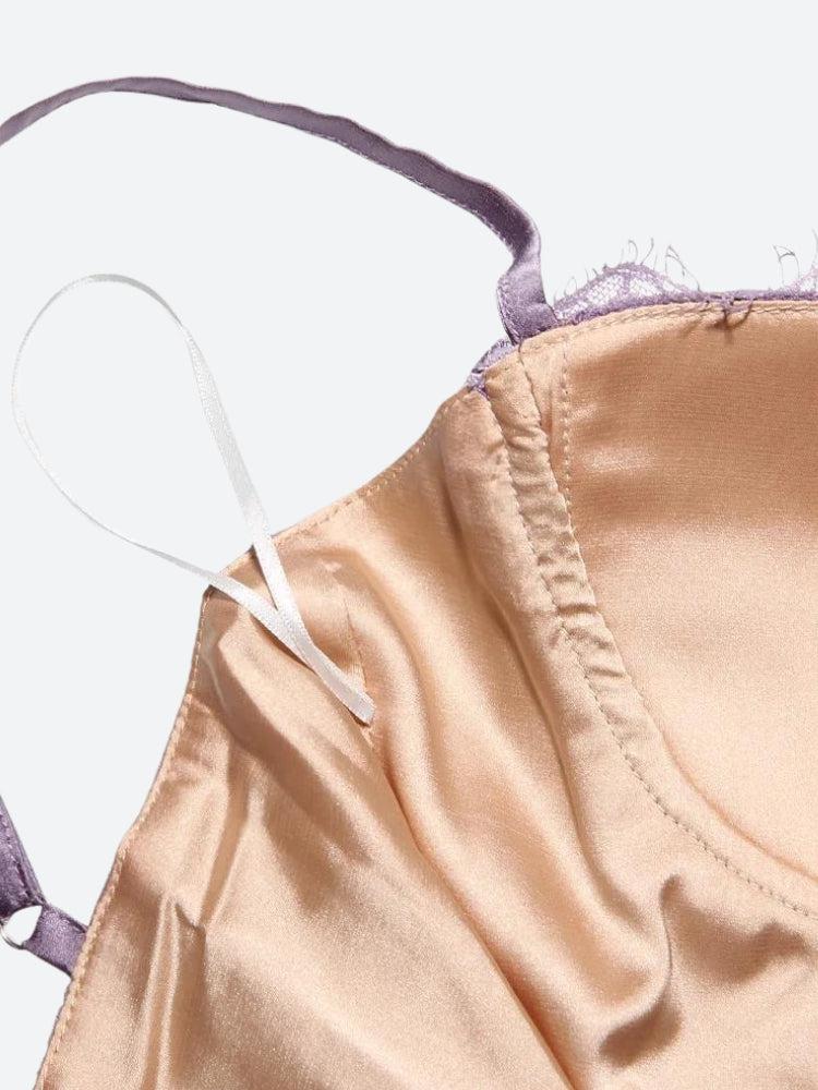 Close-up of the inner lining and spaghetti strap of the lavender lace dress.