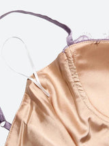 Close-up of the inner lining and spaghetti strap of the lavender lace dress.