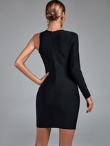 Back view of a woman wearing a black one-shoulder mini dress with a long sleeve on one side and a sleeveless design on the other. The dress has a zipper closure down the back.
