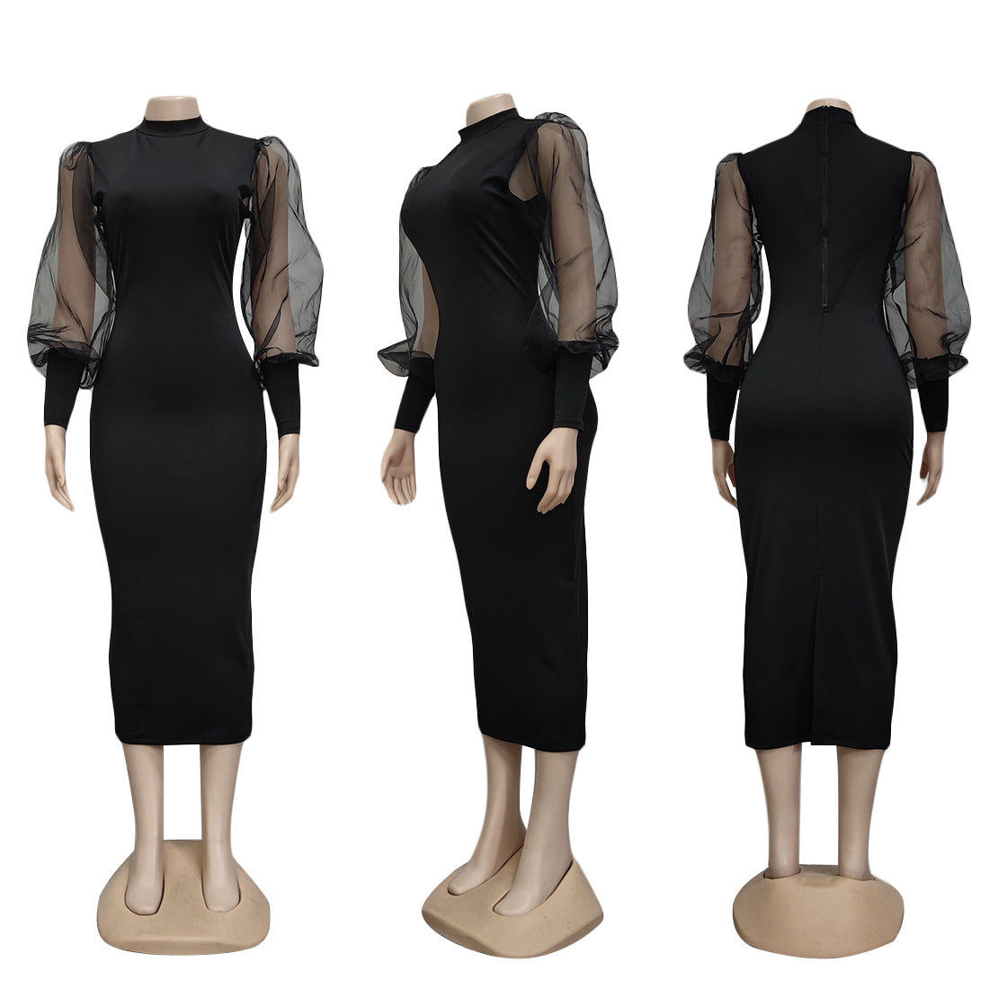 Mannequins displaying a black midi dress with sheer puff sleeves and a mock neck from the front, side, and back.