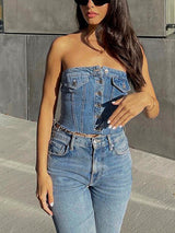 Strapless Button Denim Crop Top - View 6 | Clistos