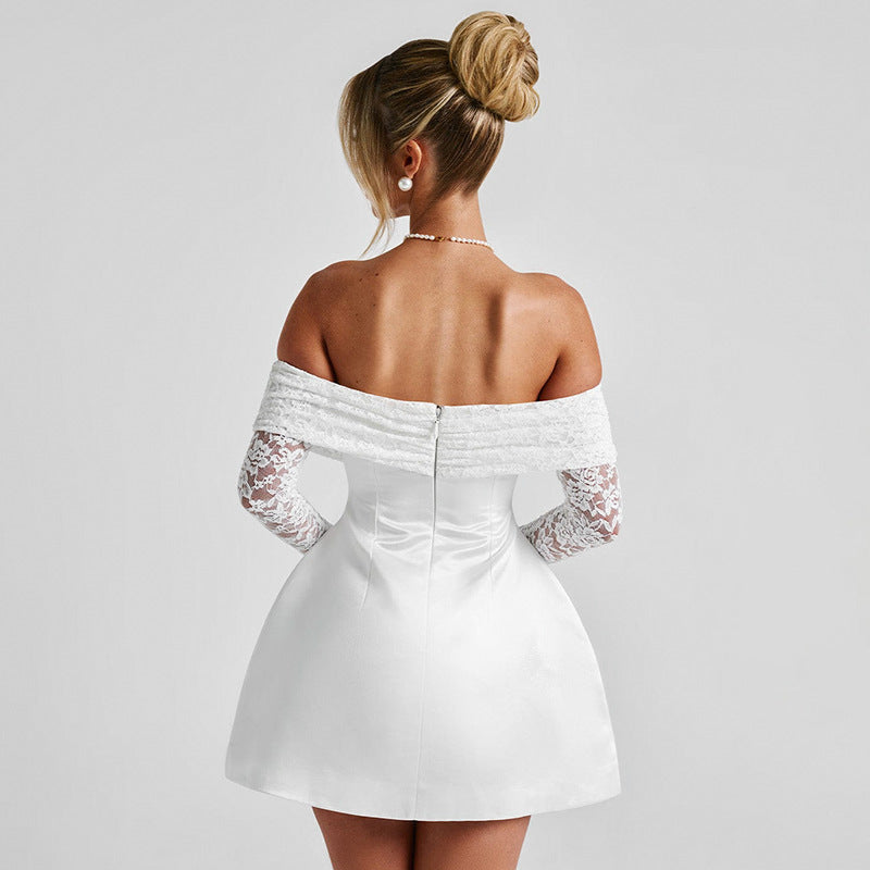 back view of woman in white off-the-shoulder mini dress with lace sleeves