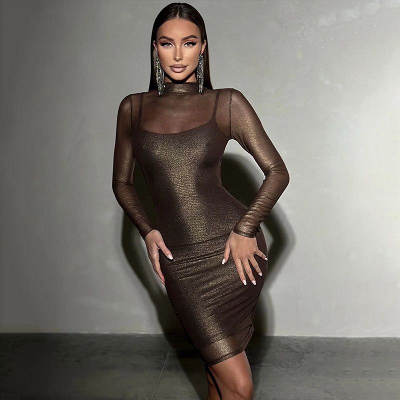 Woman wearing a shimmering brown long-sleeved bodycon dress with a mock neck and sheer overlay.