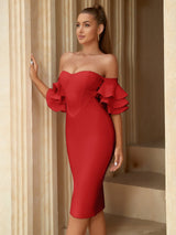 Woman wearing a red off-the-shoulder bandage dress with ruffled sleeves.
