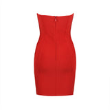 The back of a red strapless bodycon dress with a zipper closure.