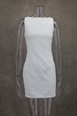 A white sleeveless bodycon mini dress on a mannequin