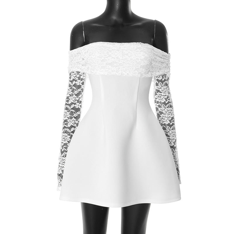 white off-the-shoulder mini dress with lace sleeves on a mannequin