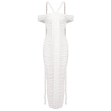 A white ruched gown with off-the-shoulder sleeves and halter neck straps, featuring a long braided rope detail.