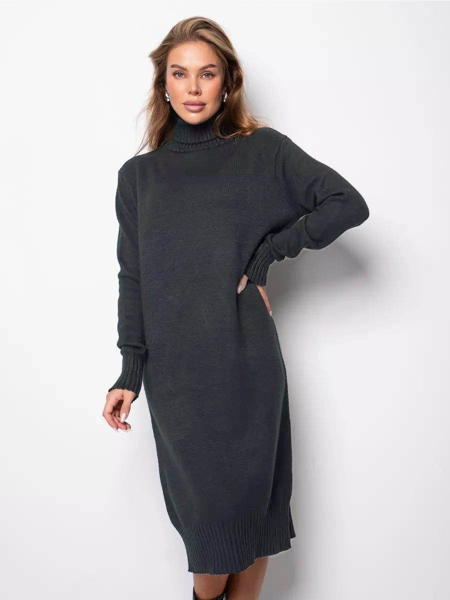 woman wearing a charcoal gray turtleneck knit midi dress