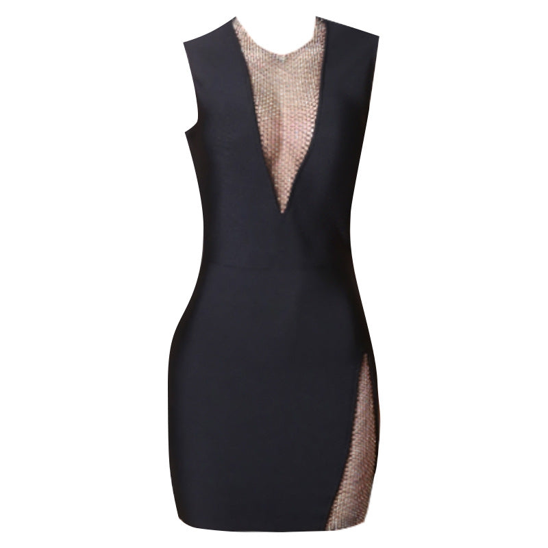 A black bodycon dress with a plunging V-neckline, mesh and sequin details on the bust and a side slit, shown flat.