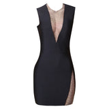 A black bodycon dress with a plunging V-neckline, mesh and sequin details on the bust and a side slit, shown flat.