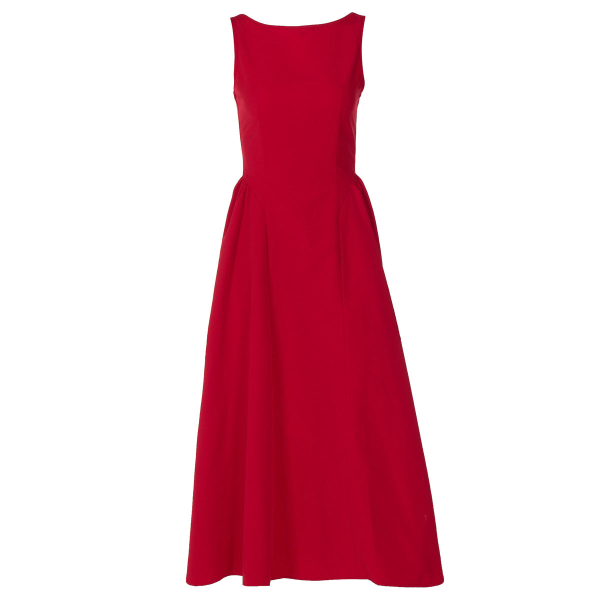 red sleeveless midi dress