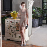 V-neck sequin party dress with asymmetrical hem - View 6 | Clistos