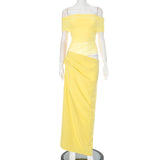 yellow off-the-shoulder ruched dress on a mannequin