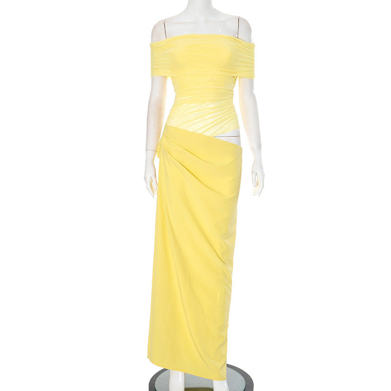 yellow off-the-shoulder ruched dress on a mannequin