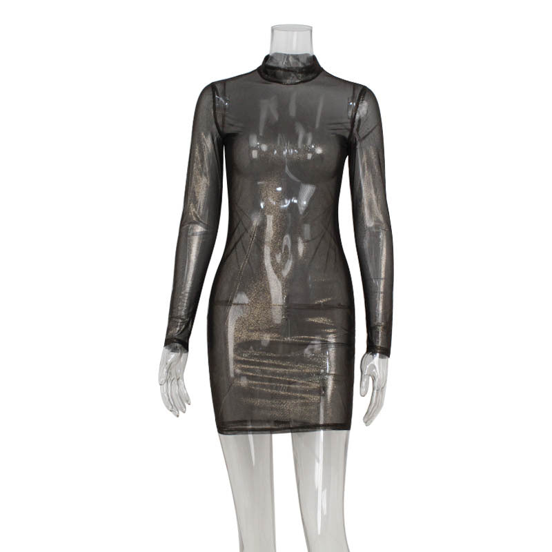 Mannequin displaying a sheer brown long-sleeved bodycon dress with a mock neck.