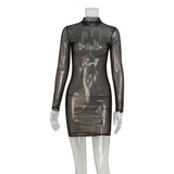 Mannequin displaying a sheer brown long-sleeved bodycon dress with a mock neck.