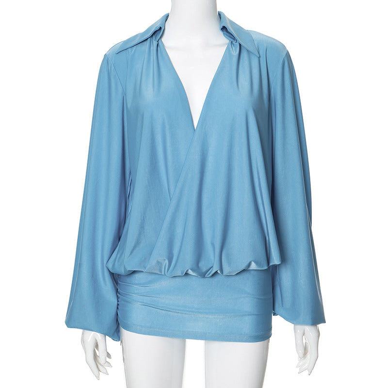 Plunge Neck Ruched Knit Mini Dress - View 6 | Clistos