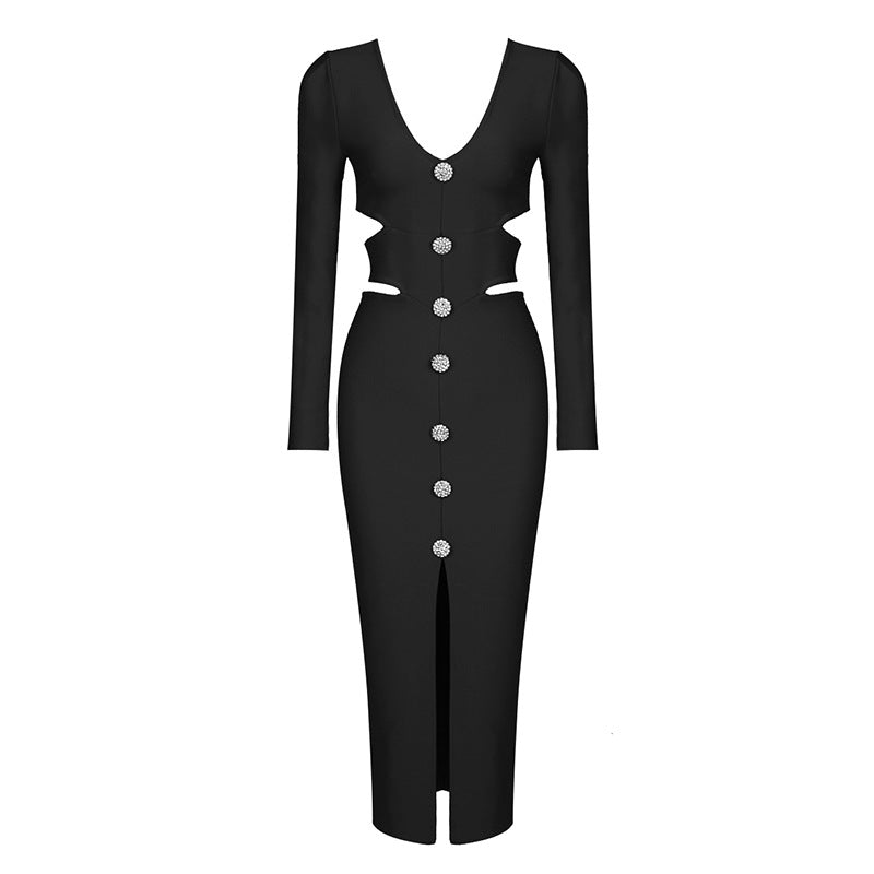 Clistos white knitted bodycon maxi dress with V-neck and high slit - View 7 | Clistos