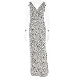 A leopard print maxi dress displayed on a mannequin.