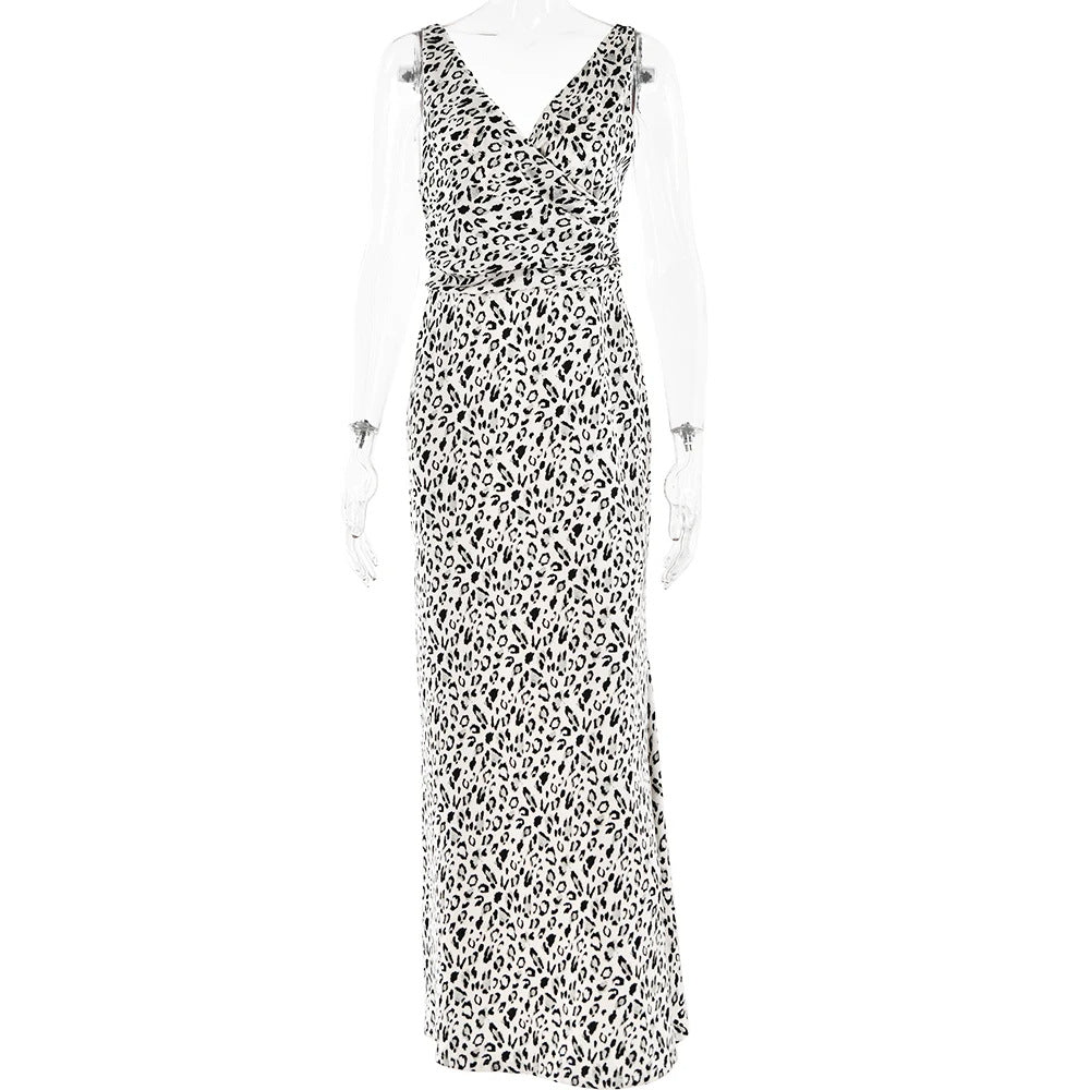 A leopard print maxi dress displayed on a mannequin.