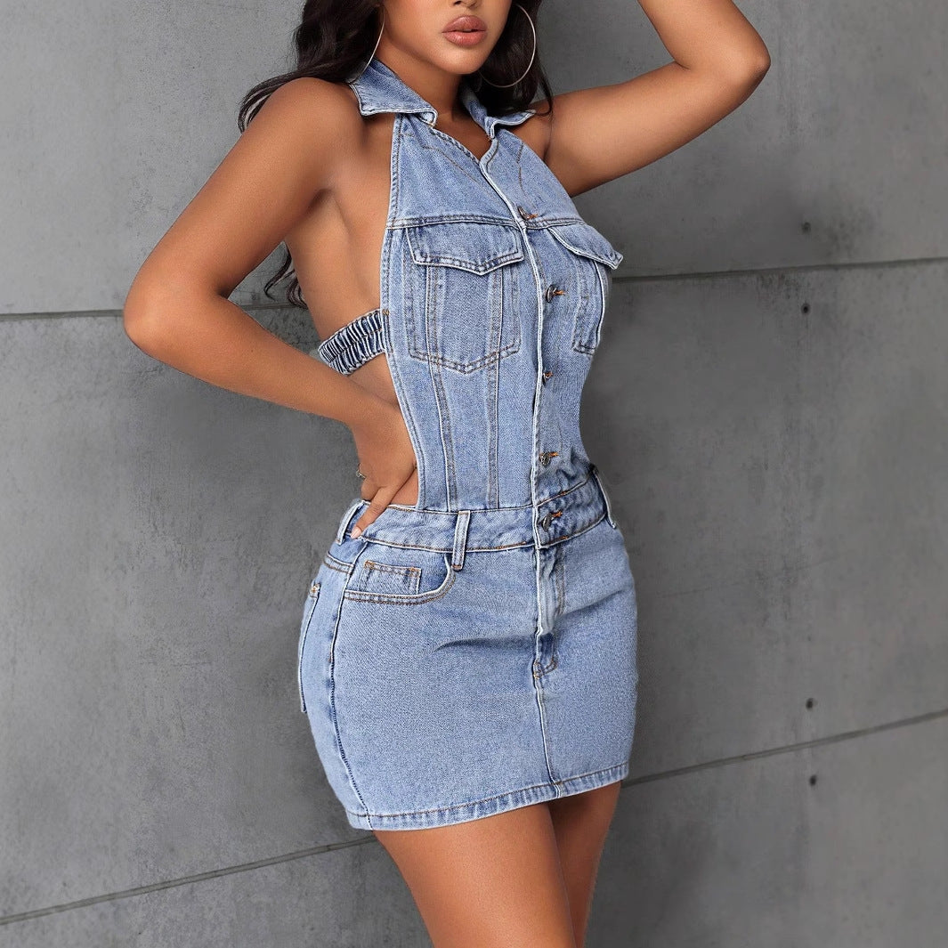 Back view of a woman in a blue denim halter dress
